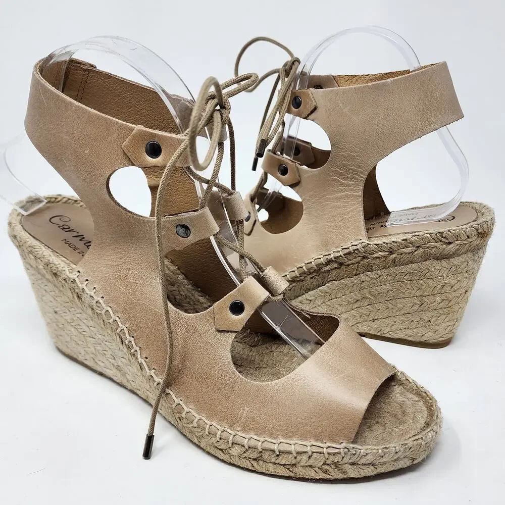 Carmen Saiz Espadrille Sandal Women 8.5M Beige Leather Strappy Jute Wedge Shoes
